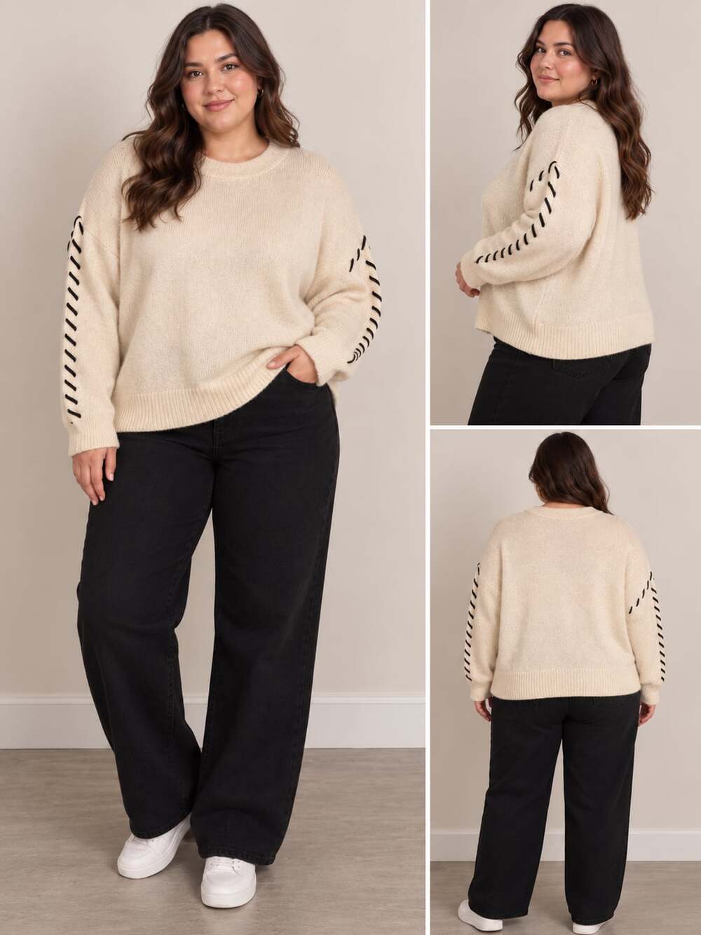 Terra & Sky Women's Plus Cropped Whipstitch Trim Sweater